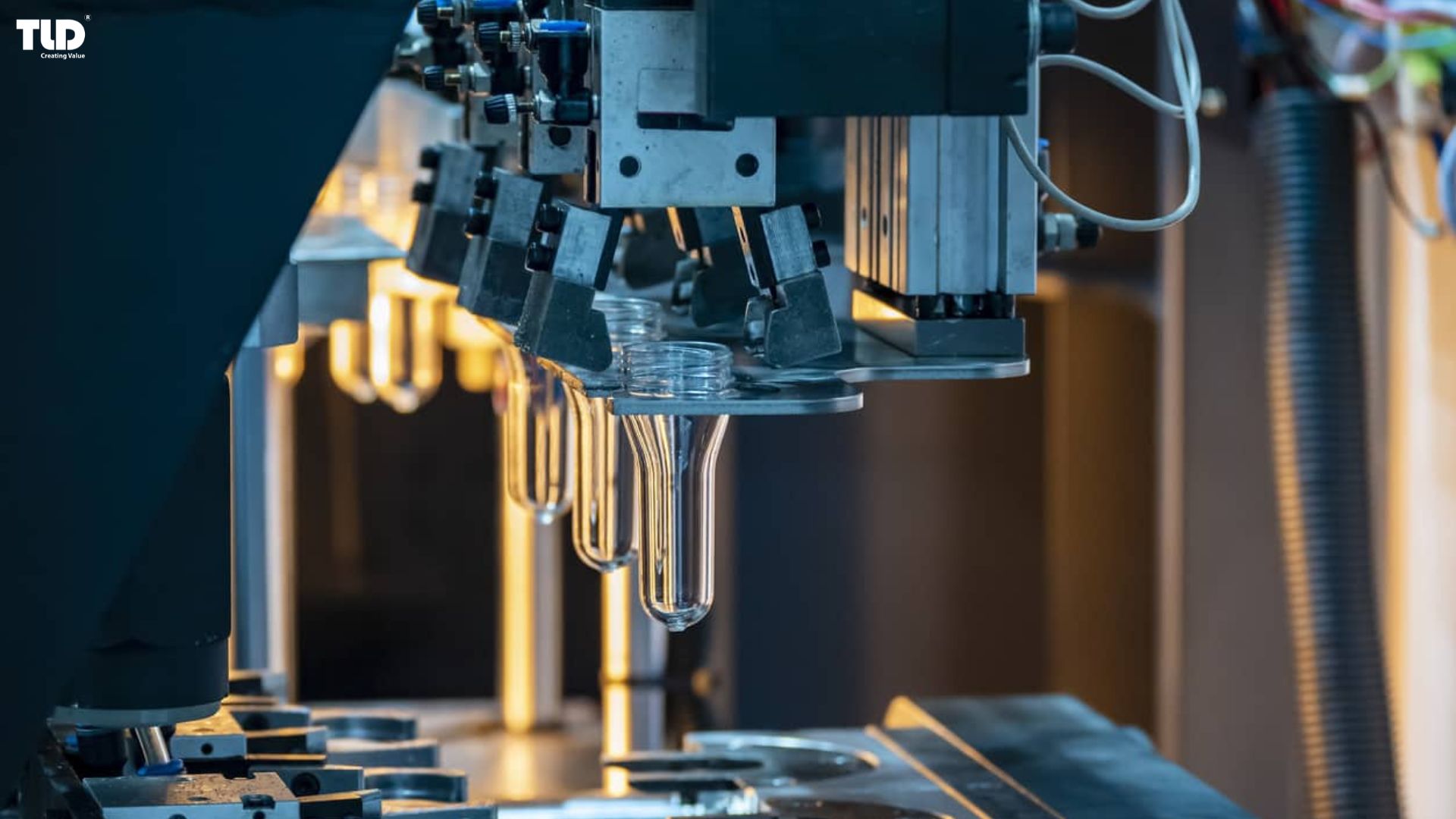 The blow molding process inflates a heated PVC parison into a mold to form hollow plastic products